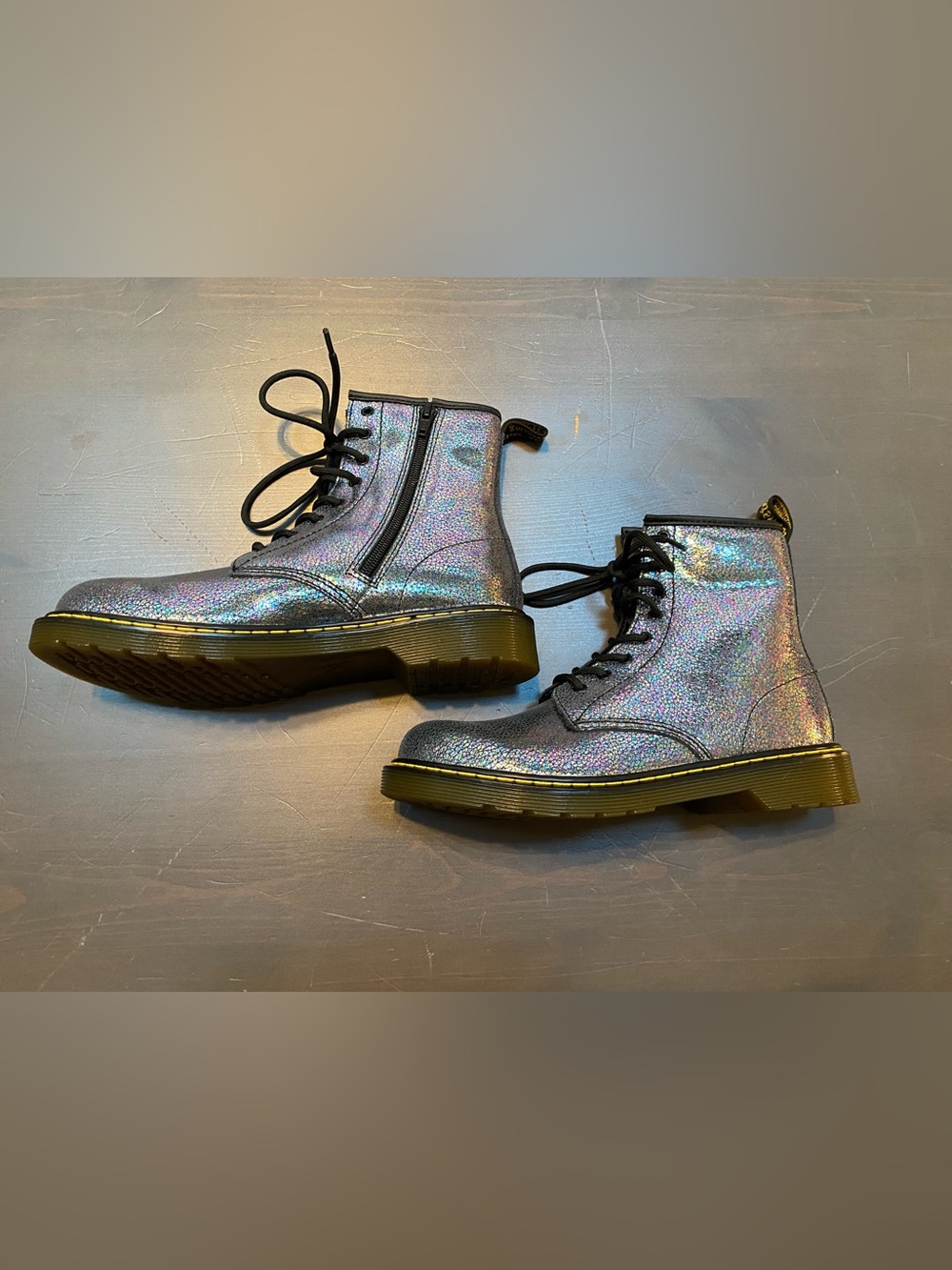 Dr. Martens Delaney Grey Holographic Metallic Boots Size US 7 Women / 6 Men NIB - Picture 2 of 12